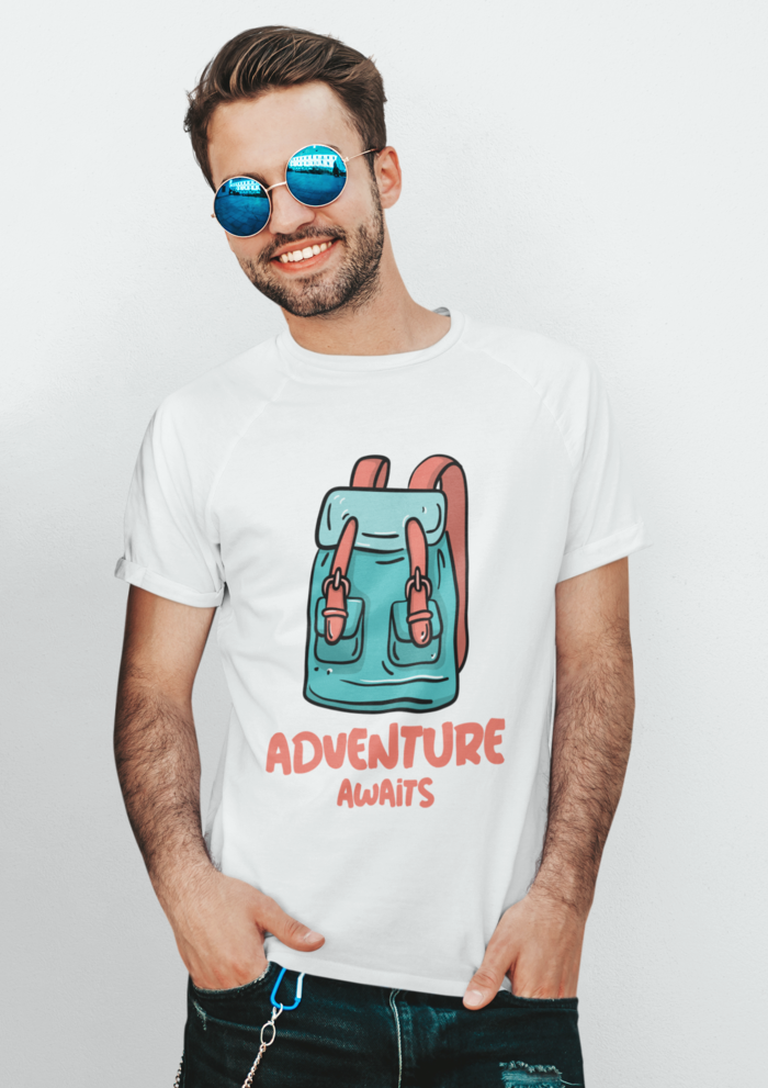 Unisex White Adventure awaits graphic printed round neck tshirt