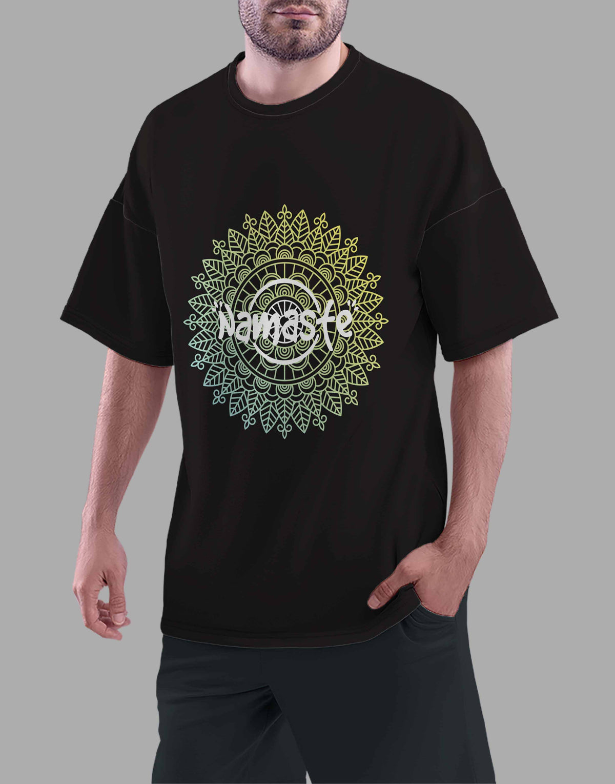 Unisex black namaste graphic printed oversized tshirt