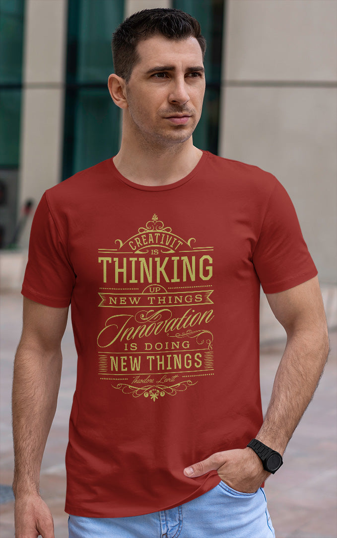Men's maroon typography printed tshirt innovation is doing new things