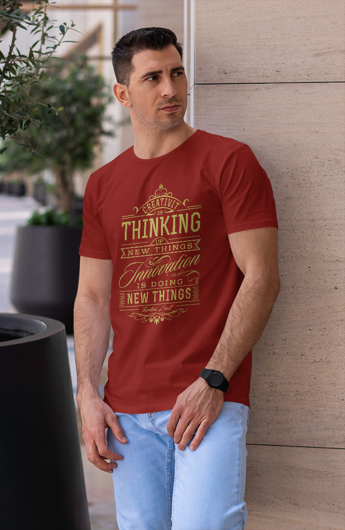 Men's maroon typography printed tshirt innovation is doing new things