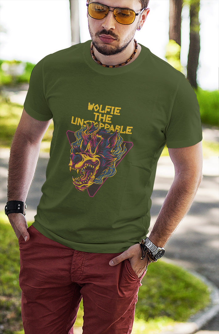 Men's military green graphic tshirt unstoppable wolfie