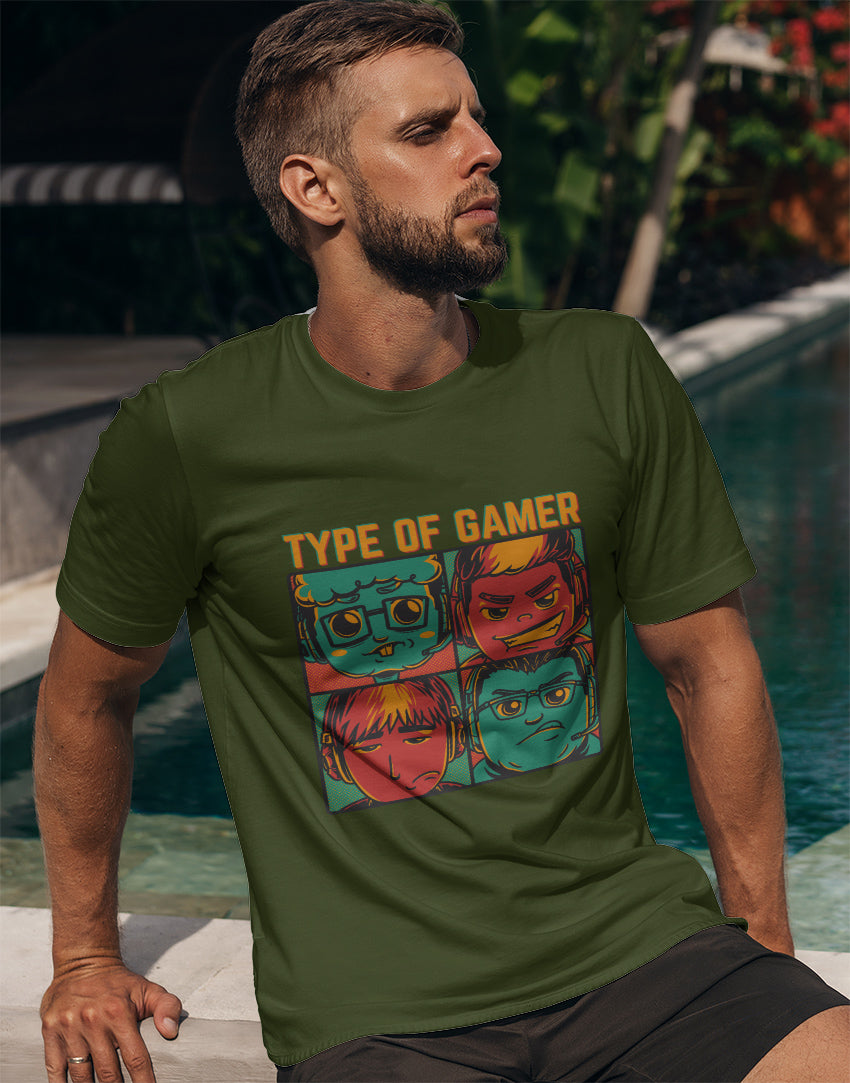 Men's military green types of gamer graphic printed tshirt