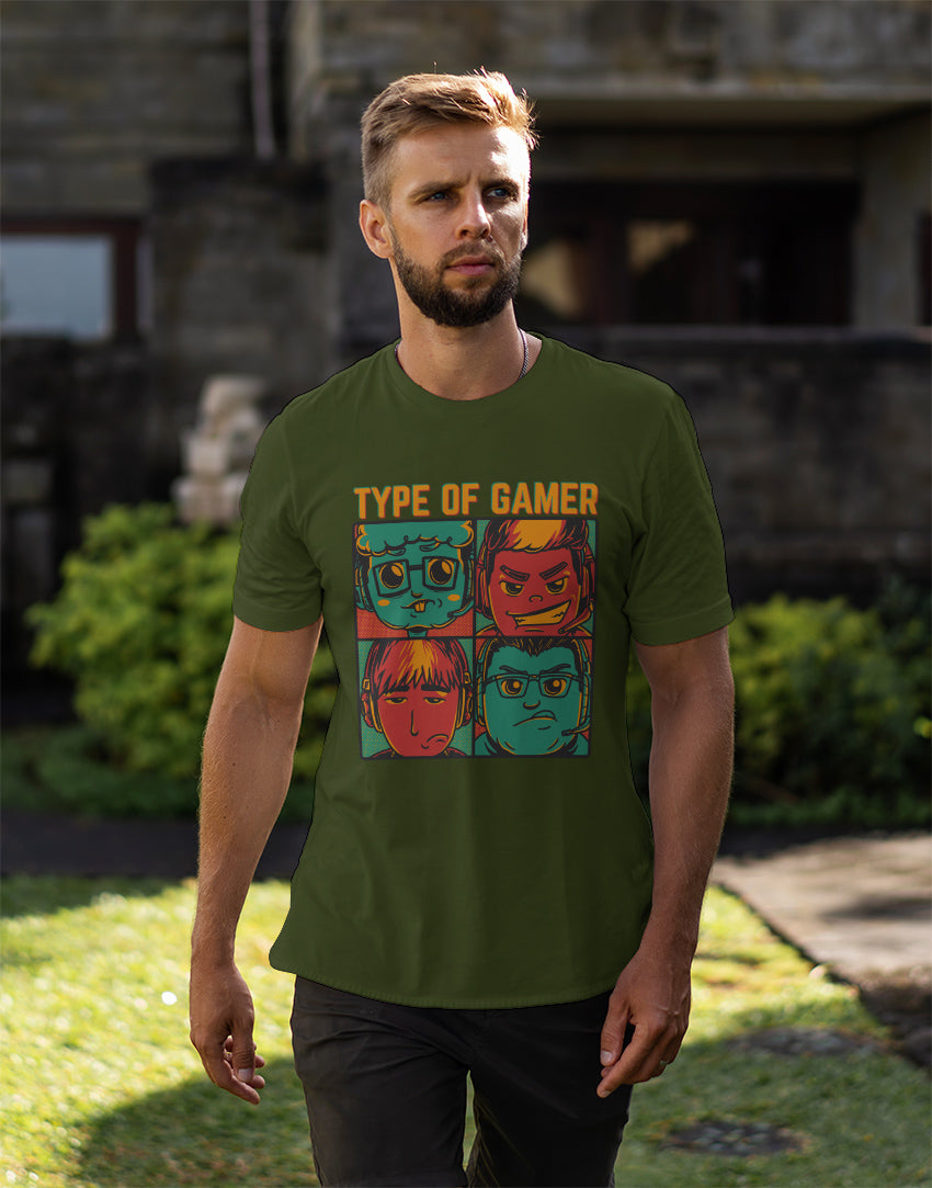 Men's military green types of gamer graphic printed tshirt