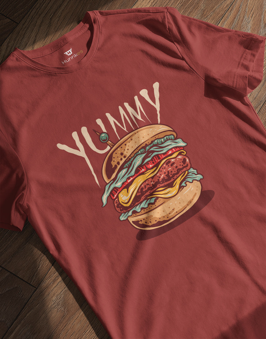 Men's rust red yummy burger graphic printed tshirt