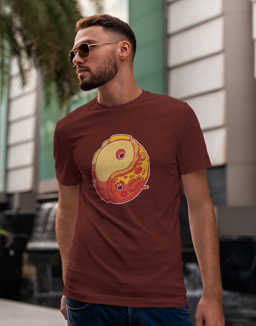 Men's wine yin yang burger pizza graphic printed tshirt