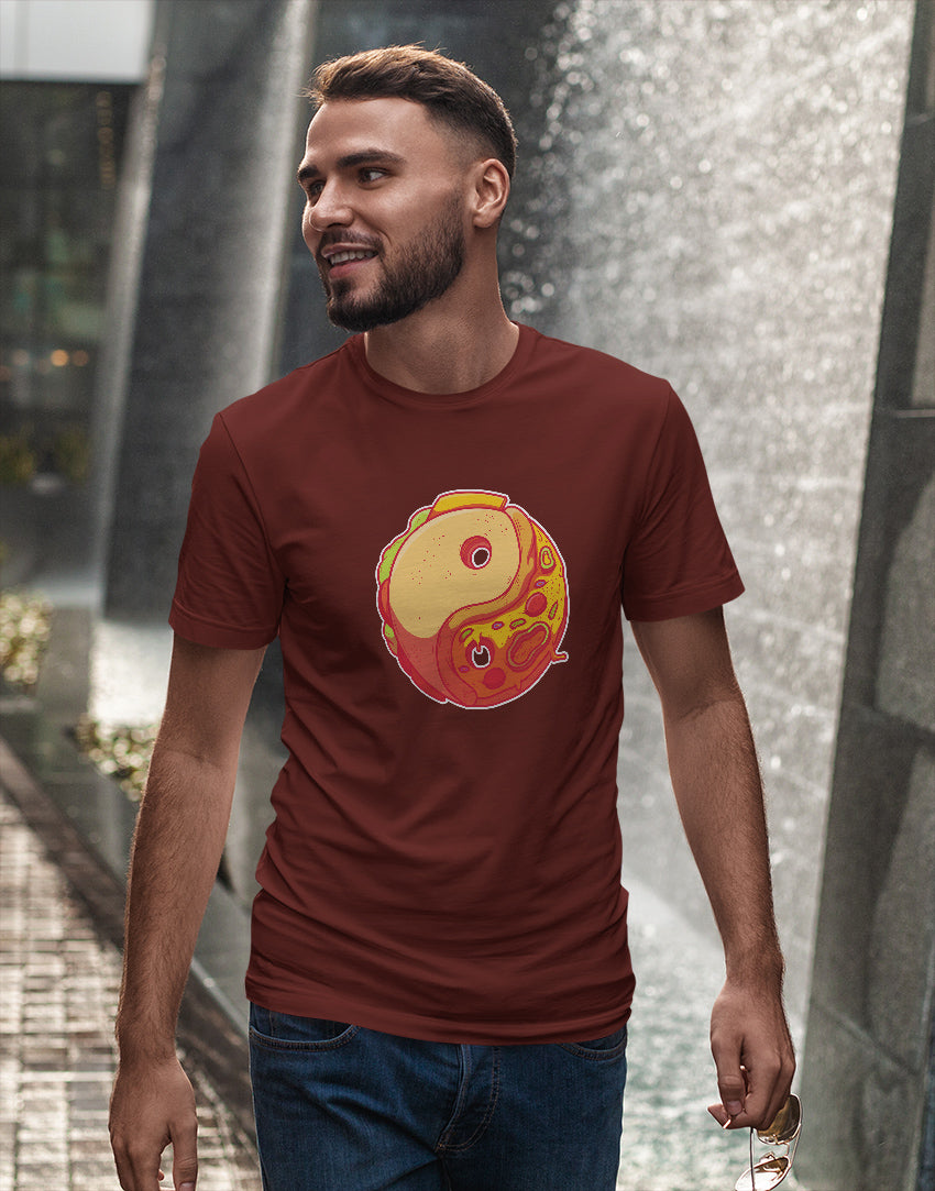 Men's wine yin yang burger pizza graphic printed tshirt