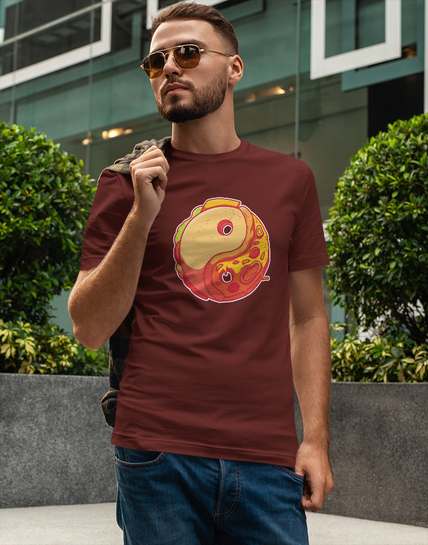Men's wine yin yang burger pizza graphic printed tshirt