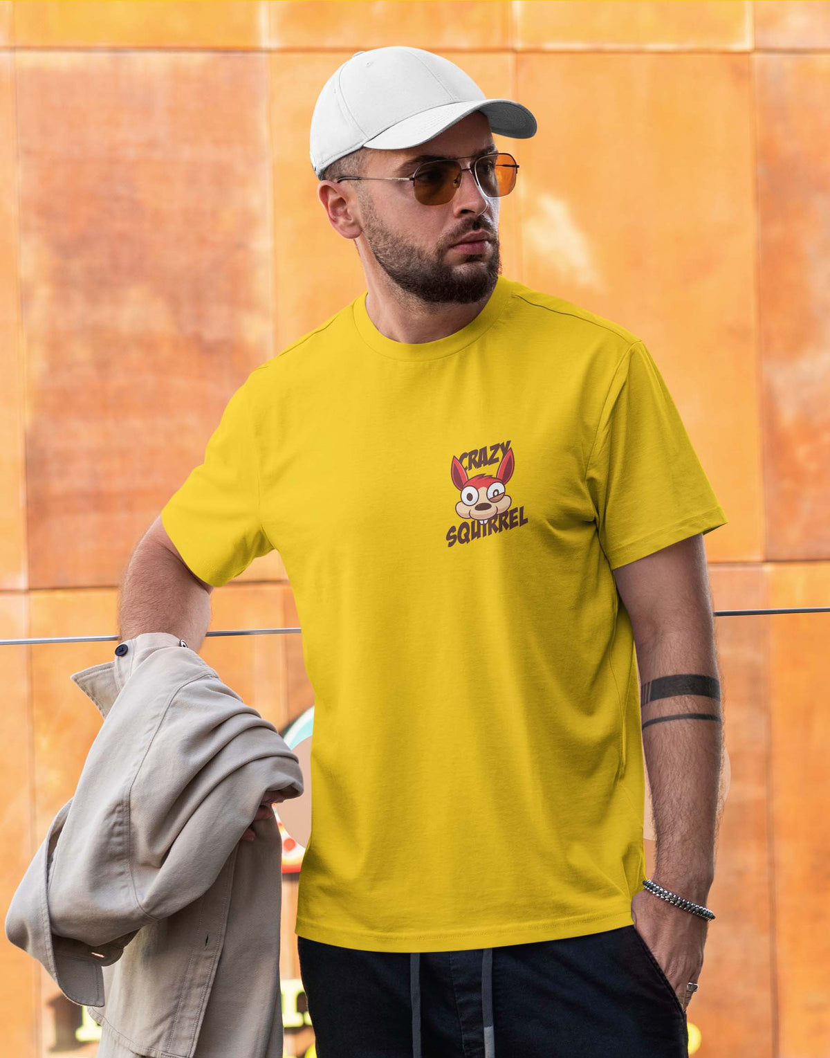 Men's yellow crazy squirel graphic printed tshirt