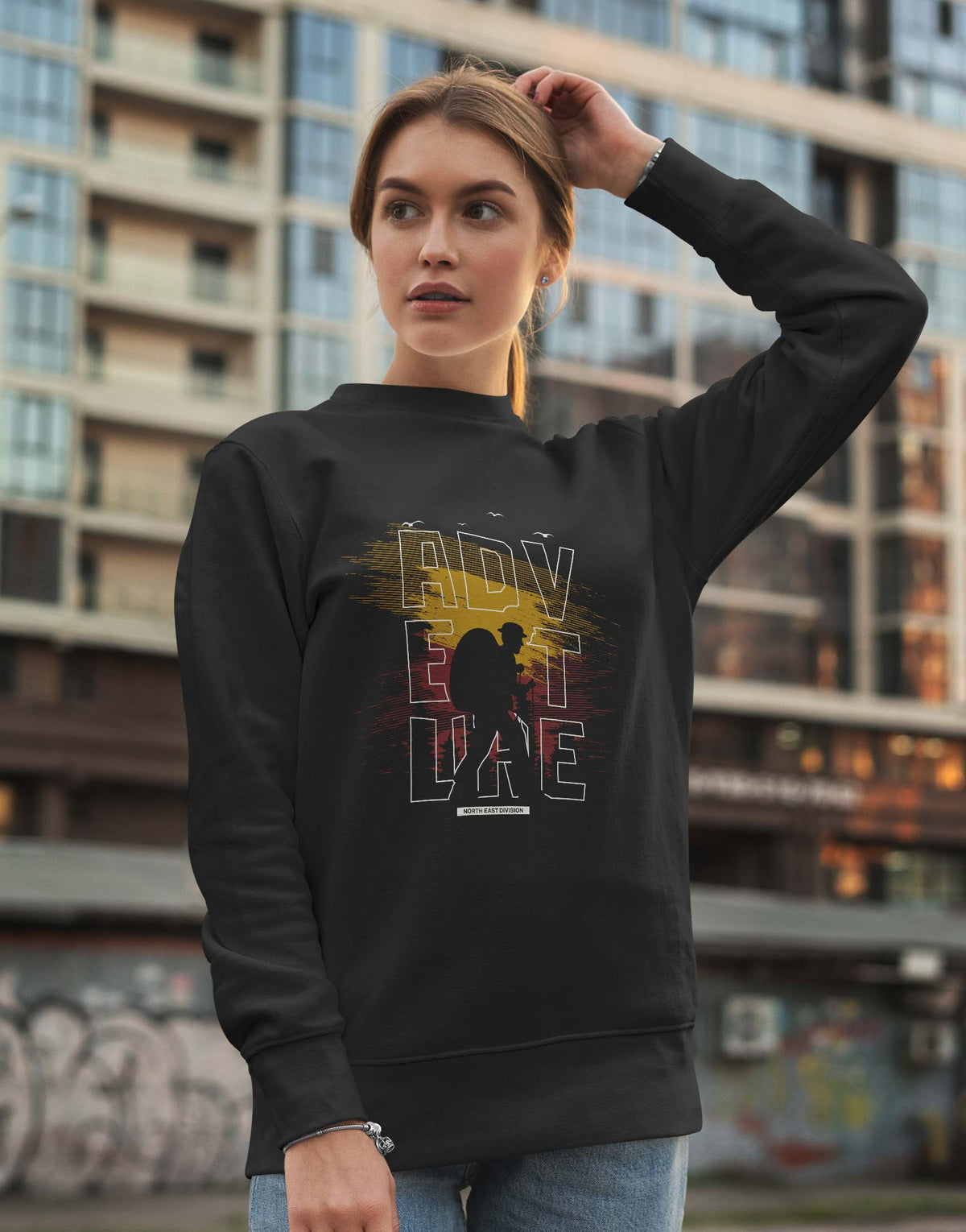 Unisex black adventure graphic printed sweatshirt