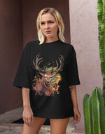 Unisex black deer graphic printed oversized tshirt
