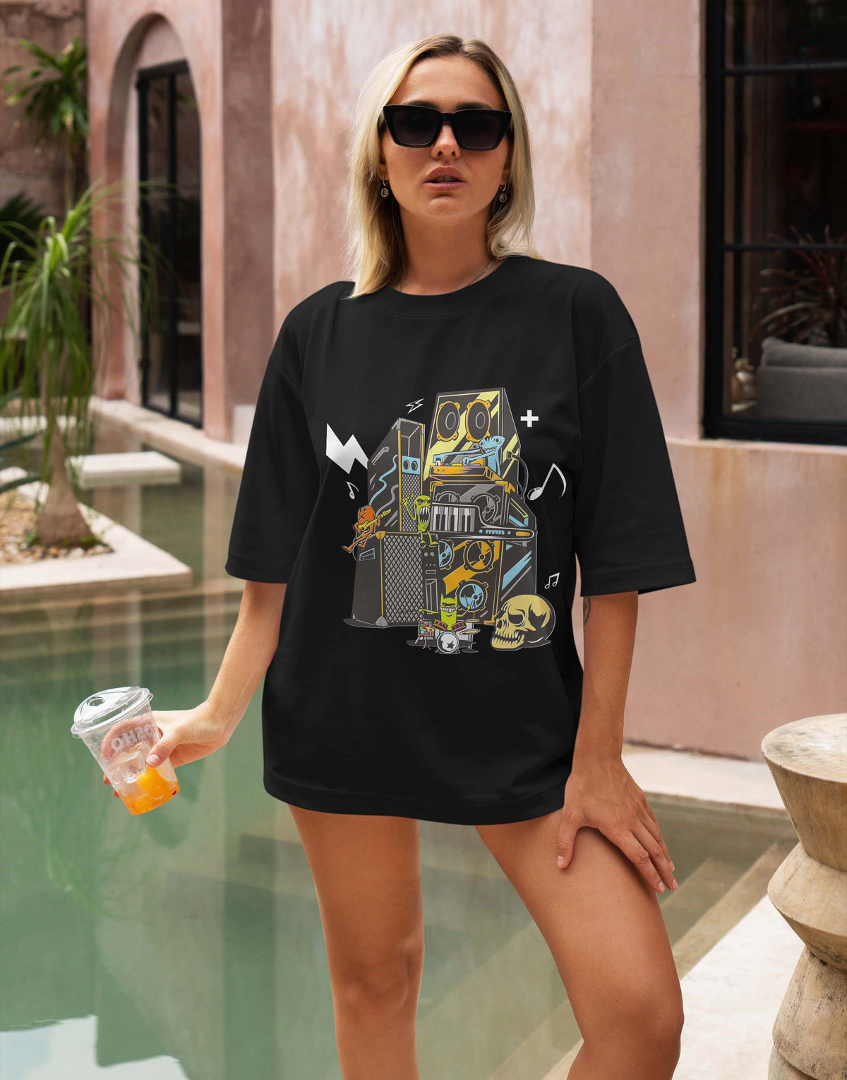 Unisex black music system graphic printed oversized tshirt