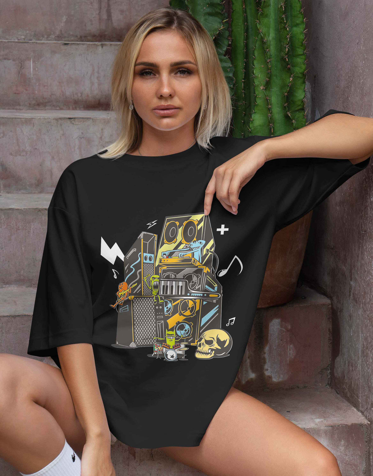 Unisex black music system graphic printed oversized tshirt
