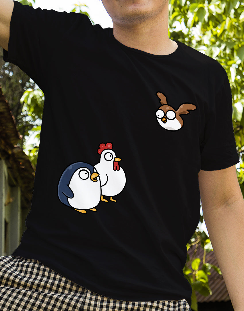 Men's black confused birds graphic printed tshirt