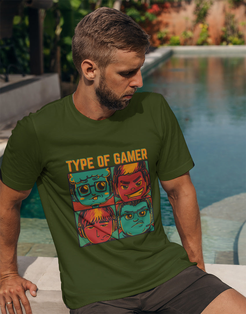 Men's military green types of gamer graphic printed tshirt