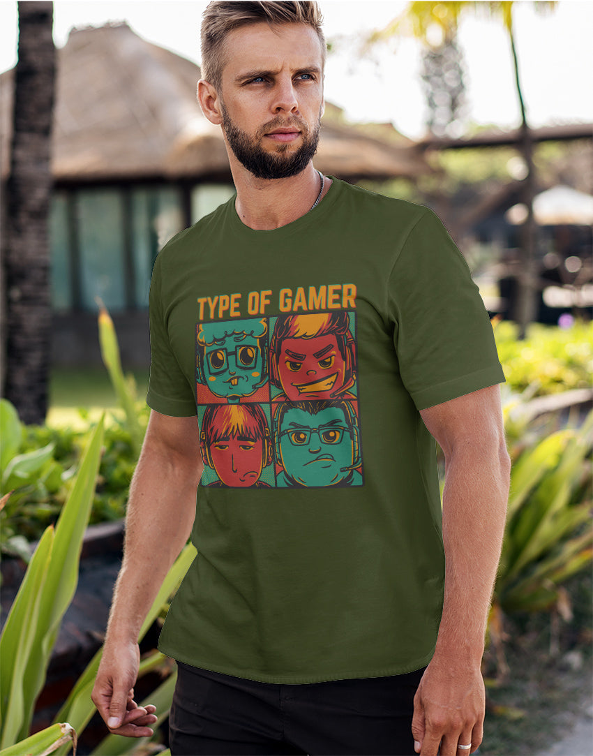 Men's military green types of gamer graphic printed tshirt