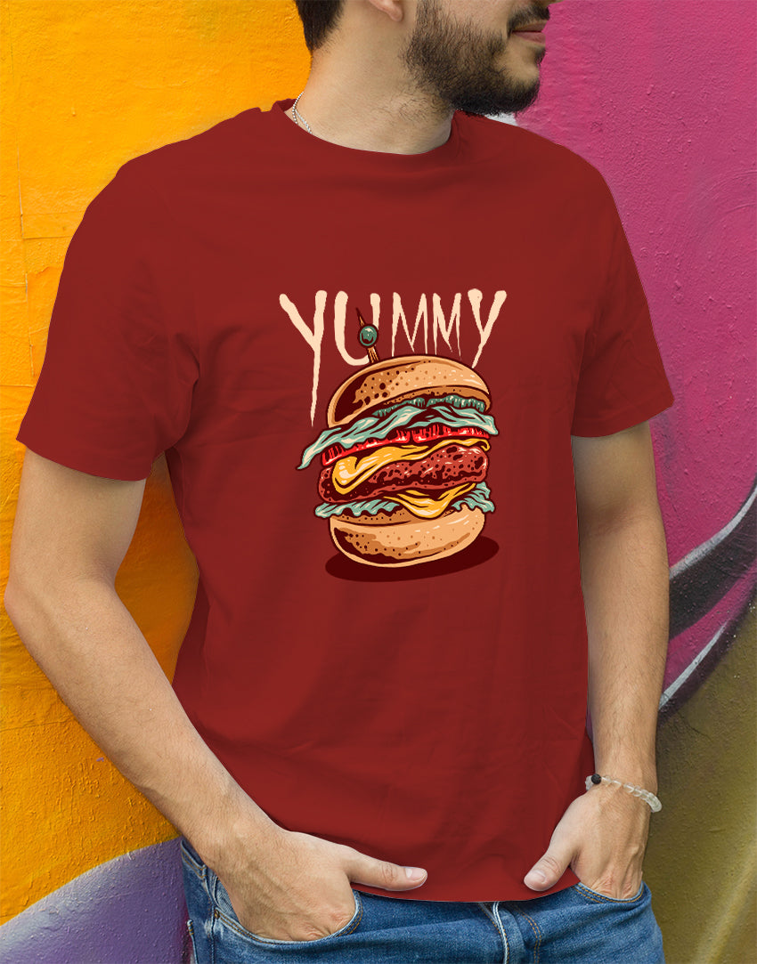 Men's rust red yummy burger graphic printed tshirt