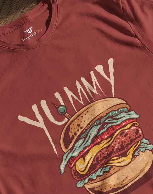 Men's rust red yummy burger graphic printed tshirt
