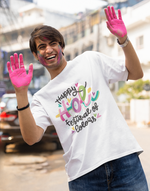 Unisex White happy holi festival of colors graphic printed tshirt