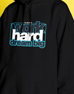 Unisex black work hard graphic printed hoodie