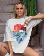 Unisex white scenic painting graphic printed oversized tshirt