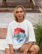 Unisex white scenic painting graphic printed oversized tshirt