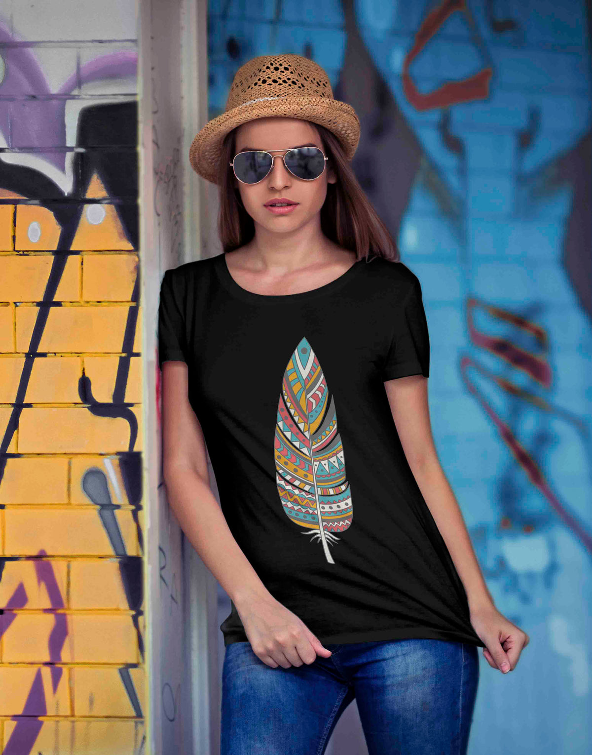 Women's black feather graphic printed tshirt