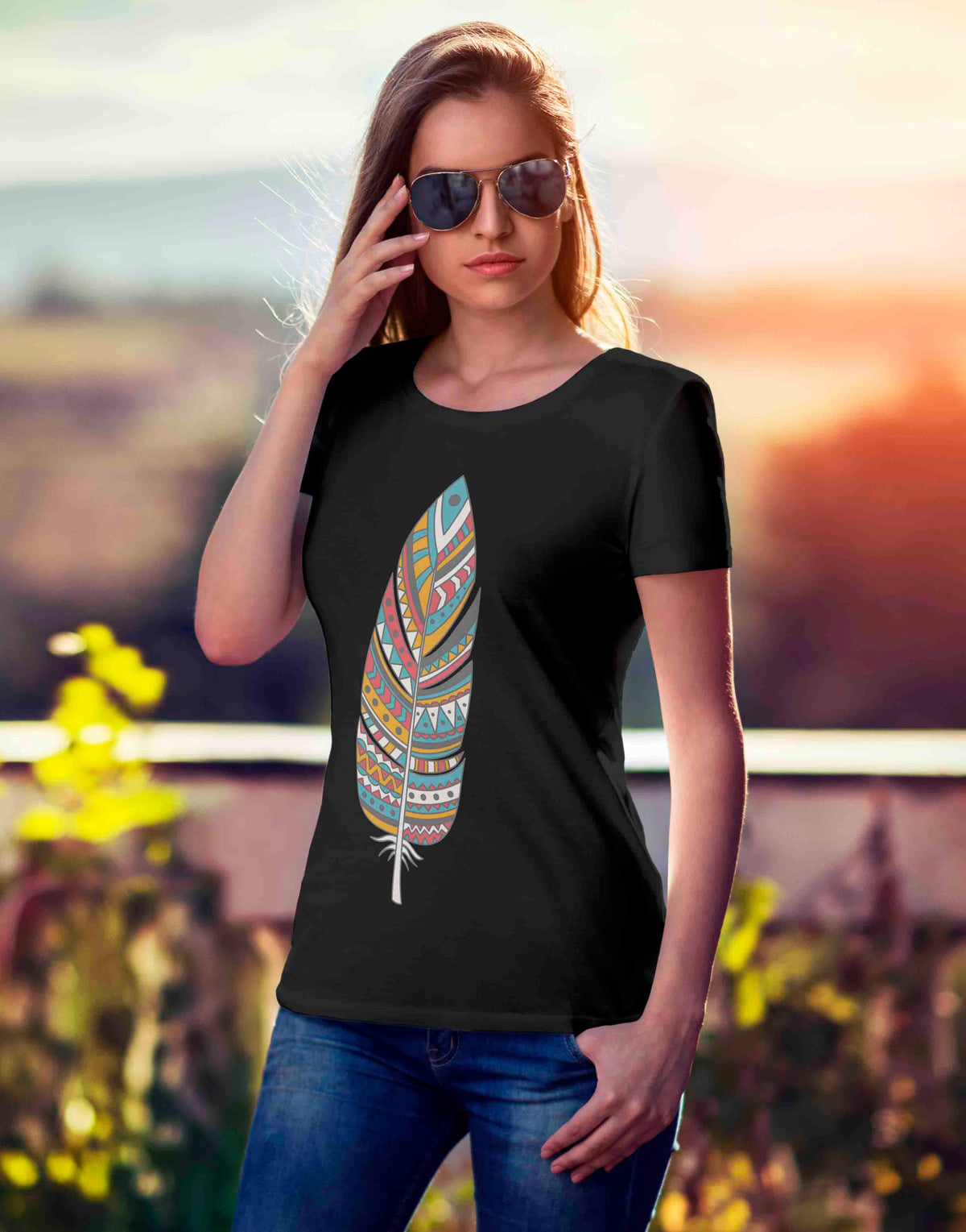 Women's black feather graphic printed tshirt