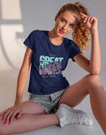 Women's navy blue great waves graphic printed tshirt