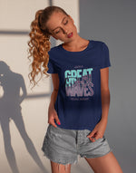 Women's navy blue great waves graphic printed tshirt