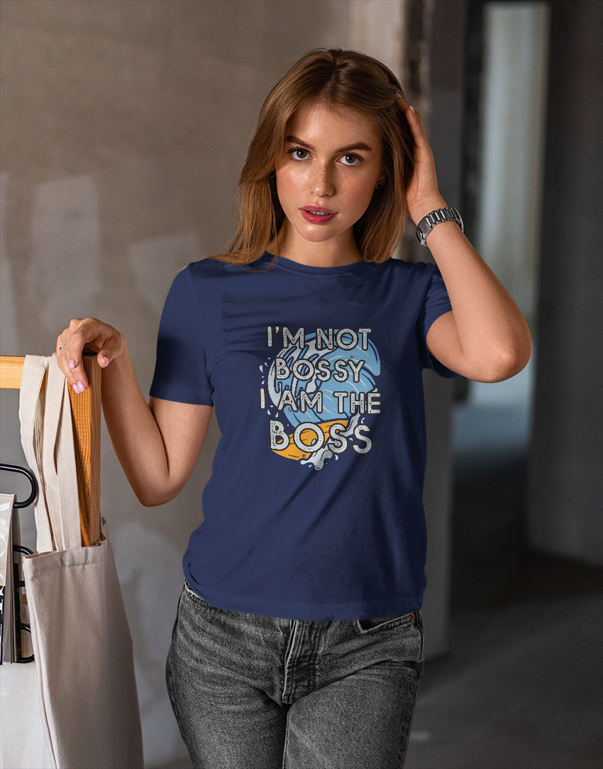 Women's navy blue i am the boss graphic printed tshirt