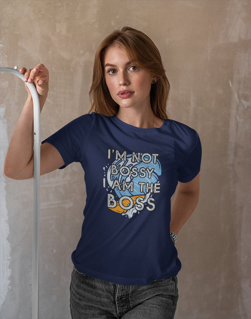 Women's navy blue i am the boss graphic printed tshirt