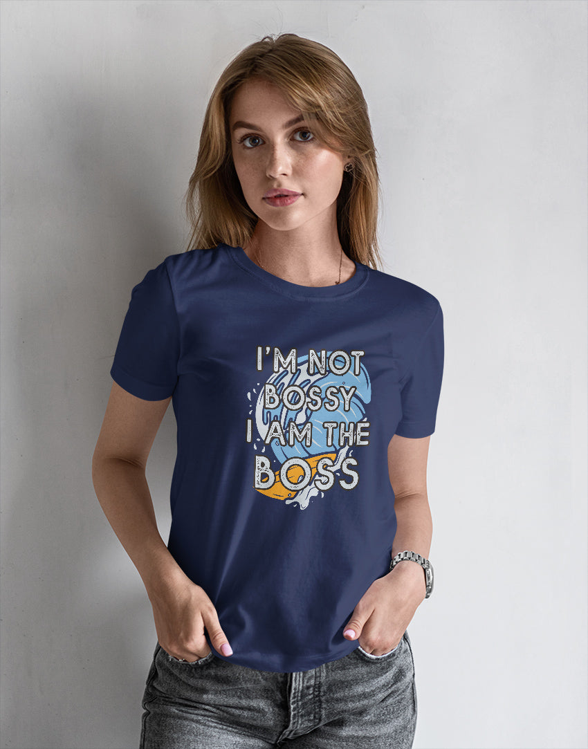 Women's navy blue i am the boss graphic printed tshirt