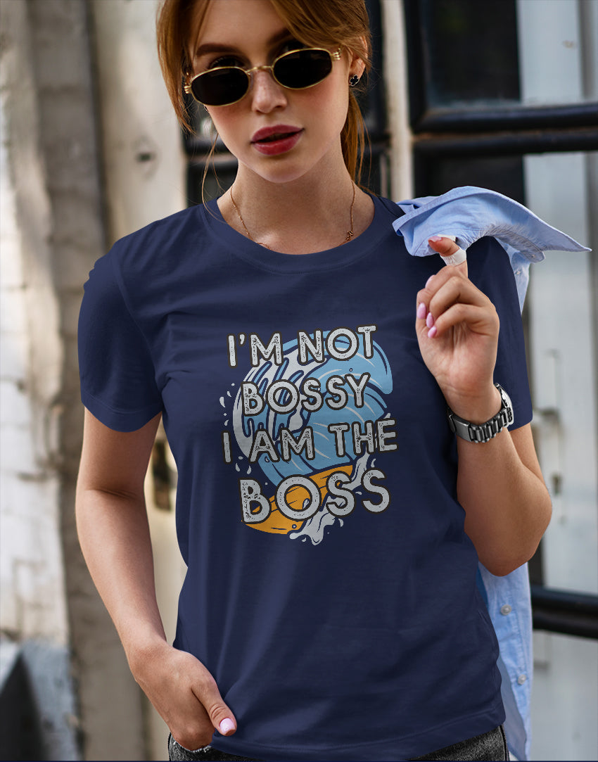 Women's navy blue i am the boss graphic printed tshirt