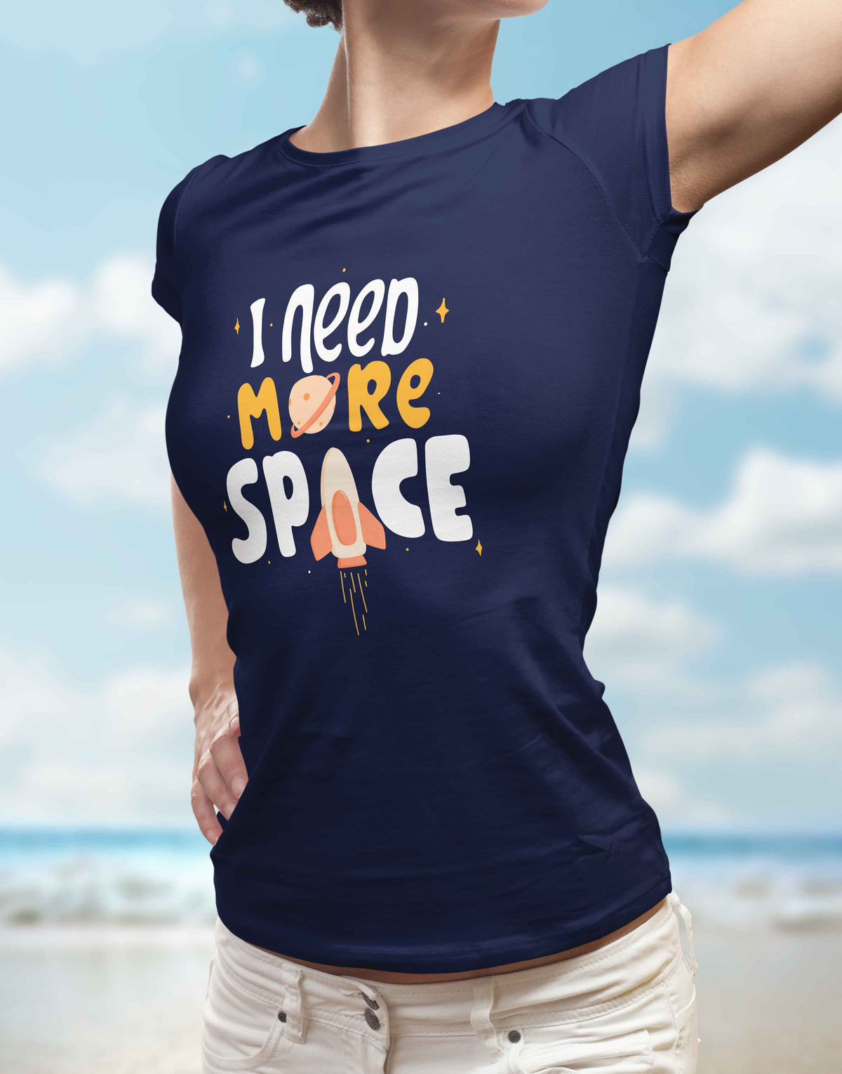 Women's navy blue need more space graphic printed tshirt