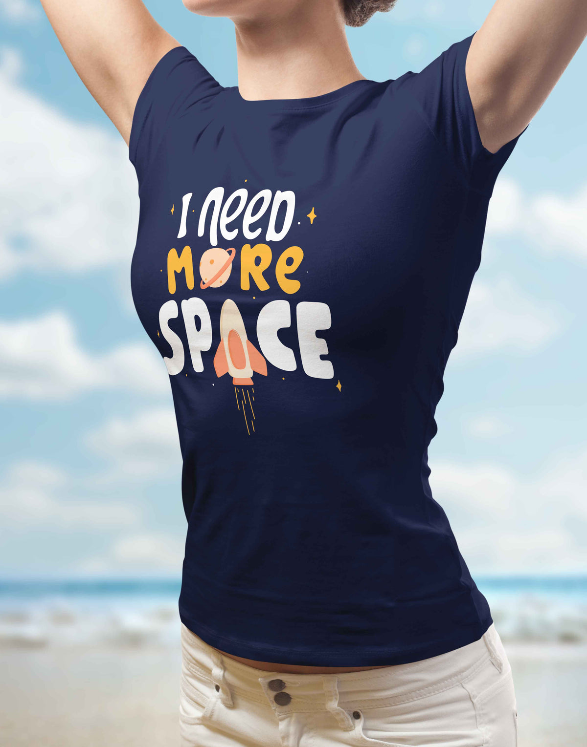 Women's navy blue need more space graphic printed tshirt