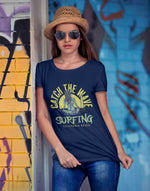 Women's navy blue surfing girl graphic printed tshirt