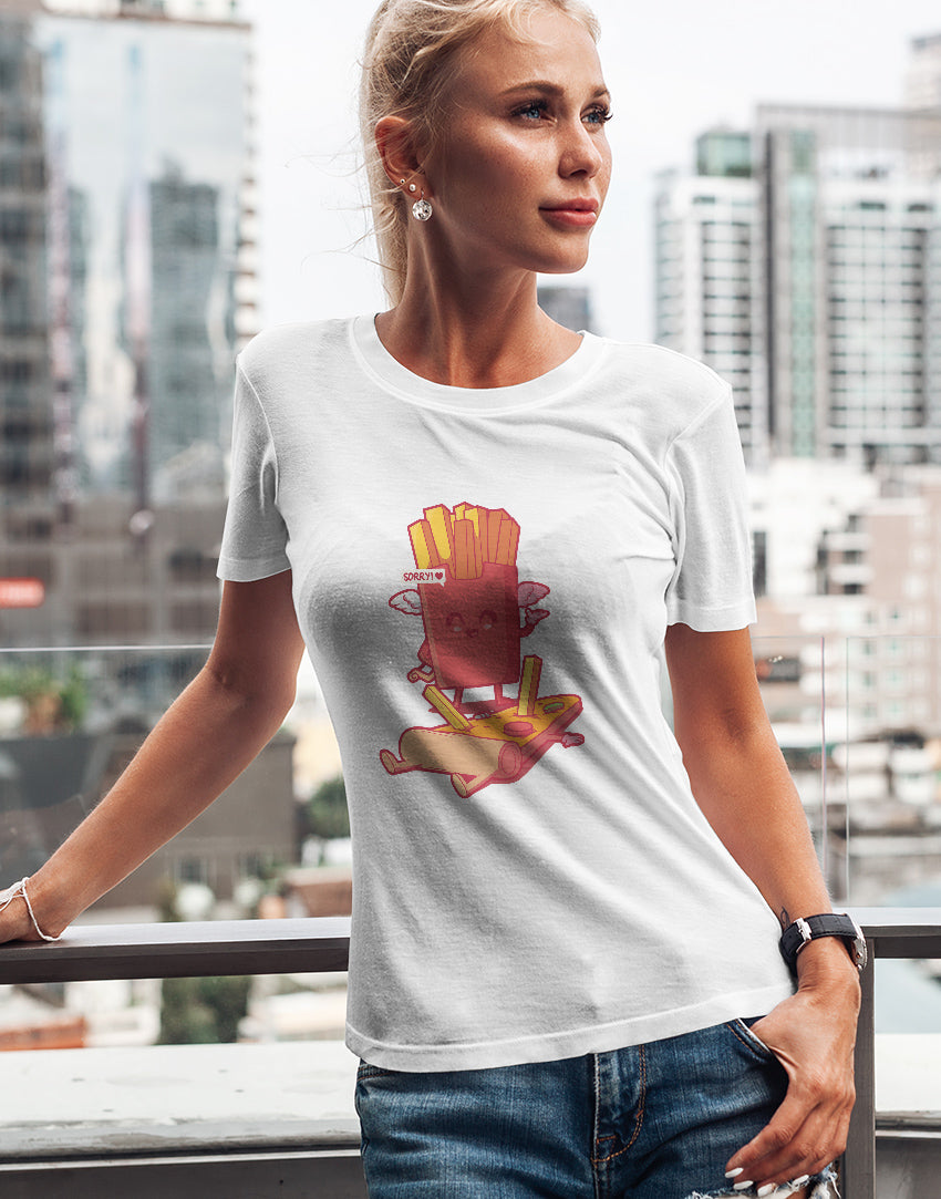 Women's white pizza fries graphic printed tshirt